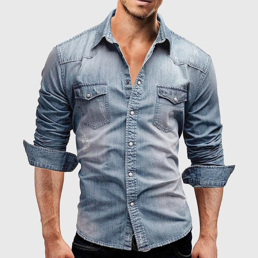 Men's Denim Shirt Long Sleeve Button Closure
