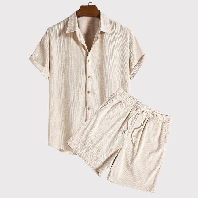 Men's Lightweight Short-Sleeve Button-Up Shirt and Drawstring Shorts Set