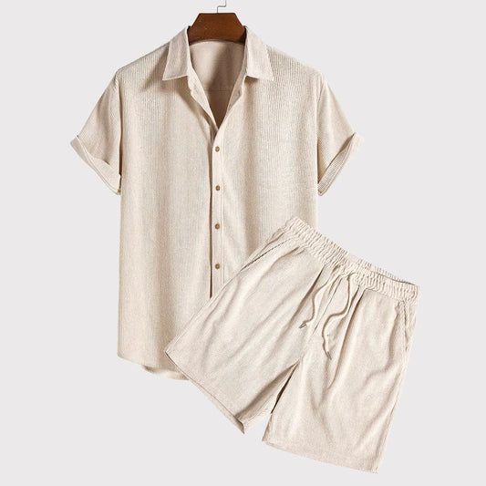 Men's Lightweight Short-Sleeve Button-Up Shirt and Drawstring Shorts Set