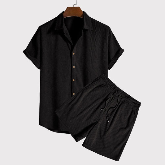 Men's Lightweight Short-Sleeve Button-Up Shirt and Drawstring Shorts Set
