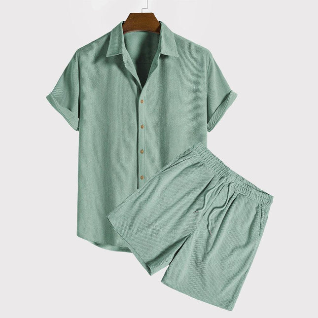 Men's Lightweight Short-Sleeve Button-Up Shirt and Drawstring Shorts Set