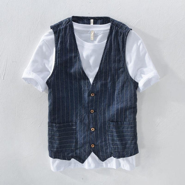 Men's Striped Linen Look Vest Jacket