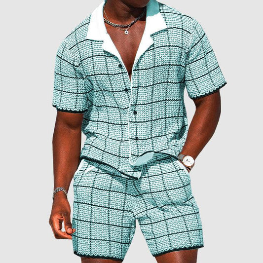 Men's Casual Checkered Short-Sleeve Shirt and Shorts Set