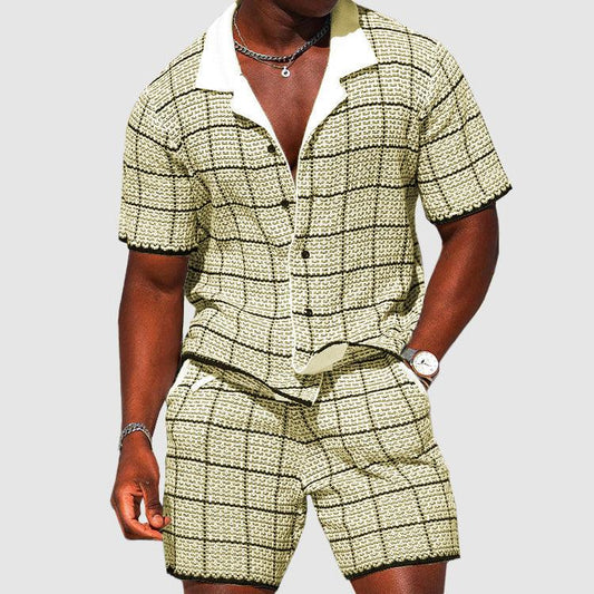 Men's Casual Checkered Short-Sleeve Shirt and Shorts Set