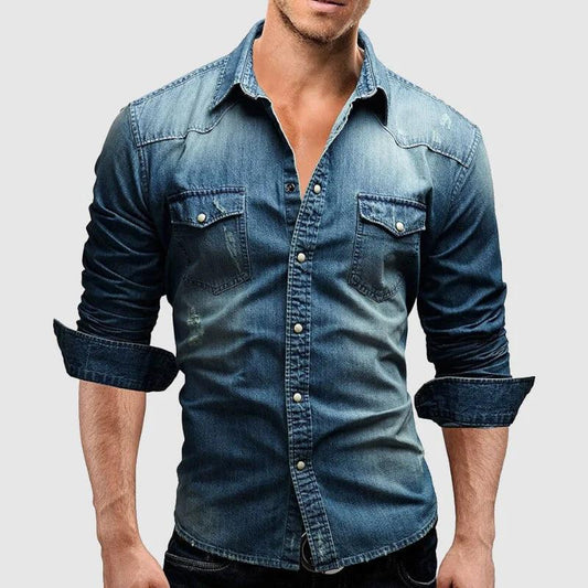 Men’s Slim Fit Denim Shirt Long Sleeve Button-Up Western Style
