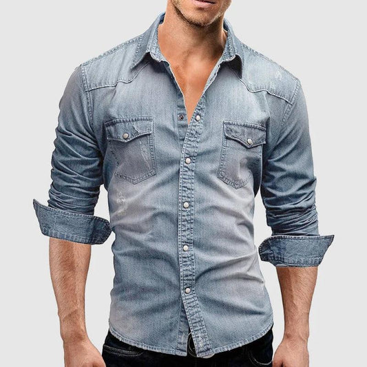 Men’s Slim Fit Denim Shirt Long Sleeve Button-Up Western Style