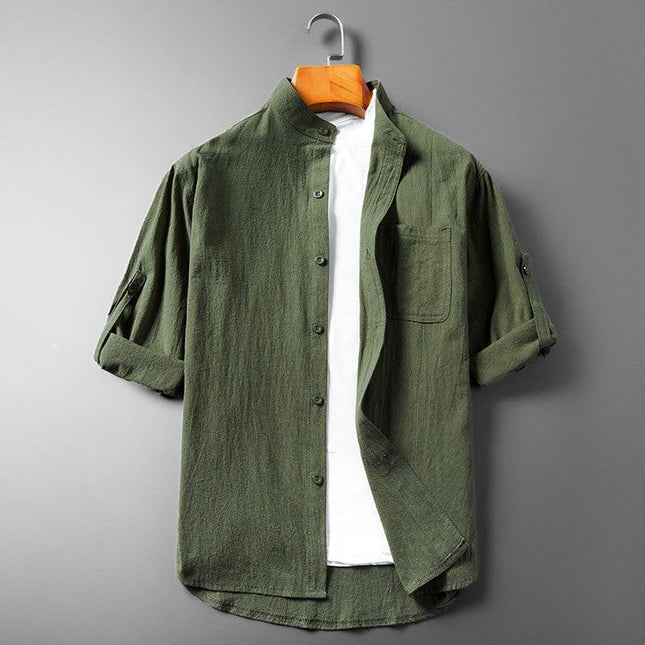 Men’s Long Sleeve Button-Up Shirt - Breathable Textured Fabric - Band Collar