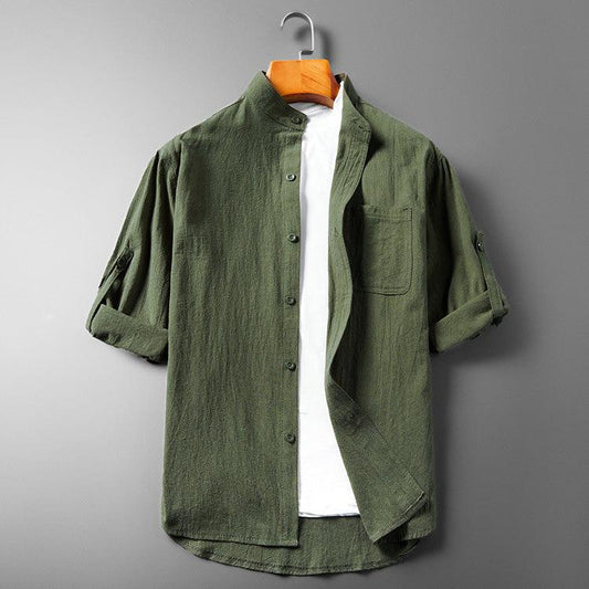 Men’s Long Sleeve Button-Up Shirt - Breathable Textured Fabric - Band Collar