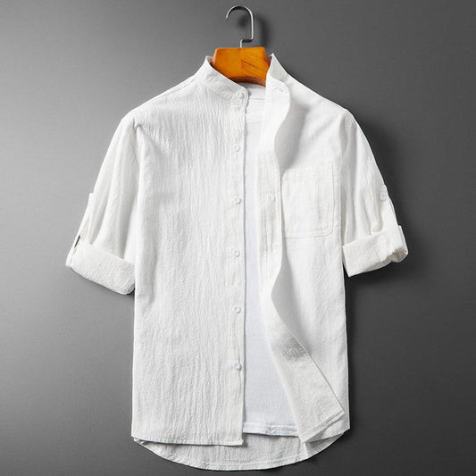 Men’s Long Sleeve Button-Up Shirt - Breathable Textured Fabric - Band Collar