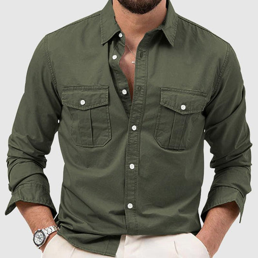Men’s Long Sleeve Button-Down Shirt Relaxed Fit with Dual Chest Pockets