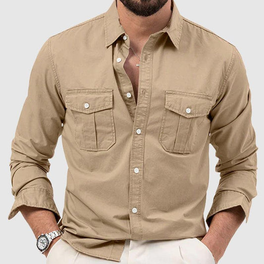 Men’s Long Sleeve Button-Down Shirt Relaxed Fit with Dual Chest Pockets