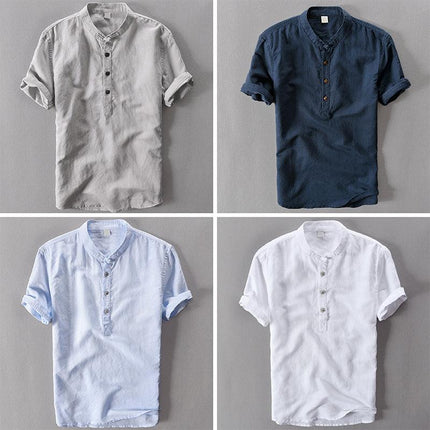 Men’s Short Sleeve Linen Shirt - Mandarin Collar - Lightweight Casual