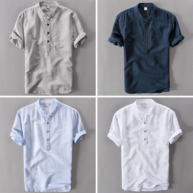 Men’s Short Sleeve Linen Shirt - Mandarin Collar - Lightweight Casual
