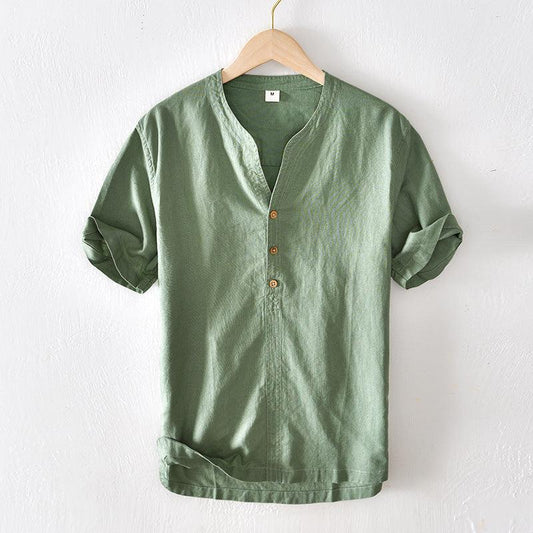 Men’s Short Sleeve Linen Shirt - Lightweight Relaxed Fit V-Neck