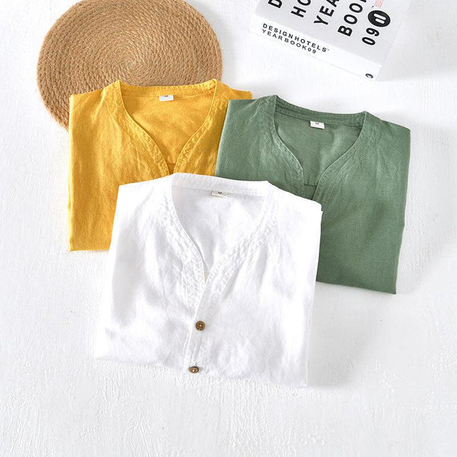 Men’s Short Sleeve Linen Shirt - Lightweight Relaxed Fit V-Neck