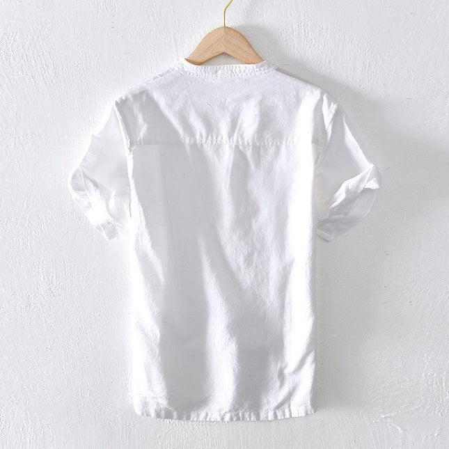 Men’s Short Sleeve Linen Shirt - Lightweight Relaxed Fit V-Neck