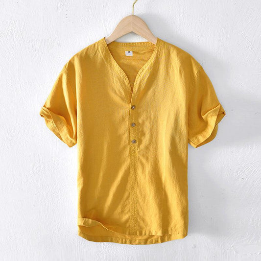 Men’s Short Sleeve Linen Shirt - Lightweight Relaxed Fit V-Neck