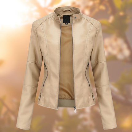 Women's Leather Jacket Fitted Design Band Collar Zip Closure