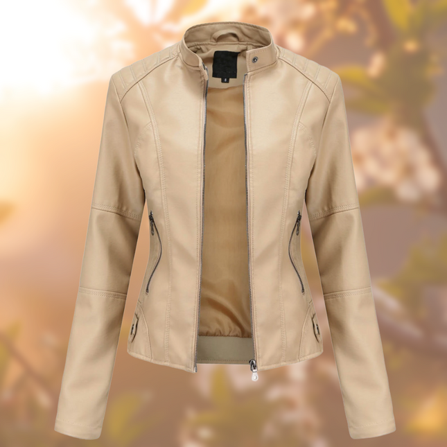 Women's Leather Jacket Fitted Design Band Collar Zip Closure