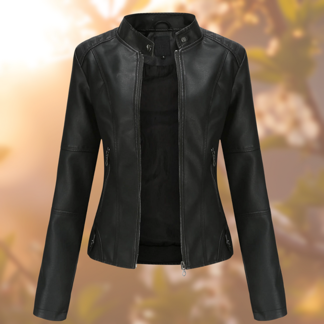 Women's Leather Jacket Fitted Design Band Collar Zip Closure