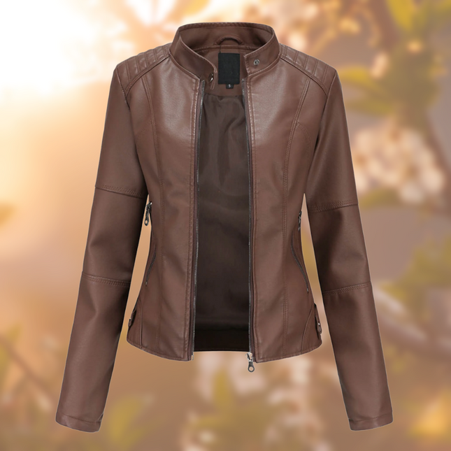 Women's Leather Jacket Fitted Design Band Collar Zip Closure