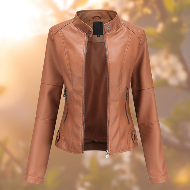 Women's Leather Jacket Fitted Design Band Collar Zip Closure