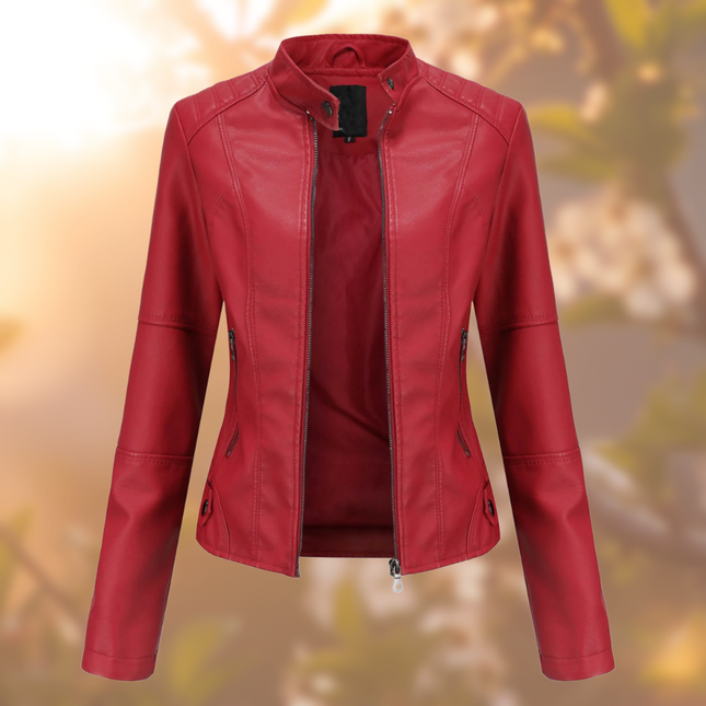 Women's Leather Jacket Fitted Design Band Collar Zip Closure