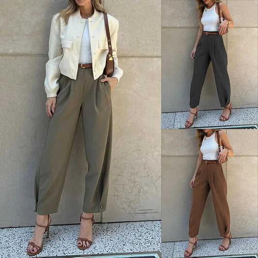Women's High-Waisted Pleated Trousers Wide Leg Cropped