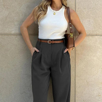 Women's Pleated High-Waisted Trousers Wide Leg Cropped Ankle