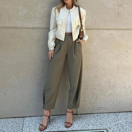 Women's Pleated High-Waisted Trousers Wide Leg Cropped Ankle