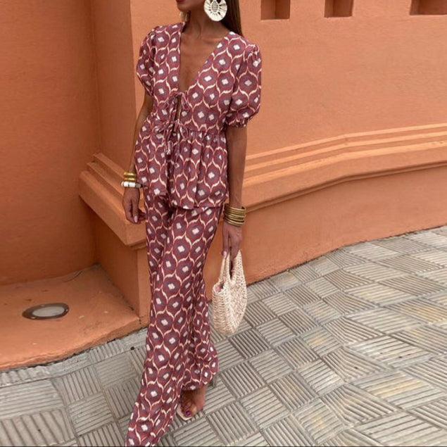 Women's Linen Two-Piece Set - Puff Sleeve Tie-Front Top & High-Waist Wide-Leg Pants