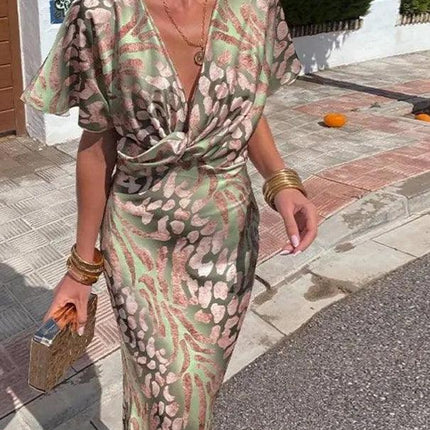 Women's Midi Dress Satin Floral V-Neck Short Sleeve Pleated