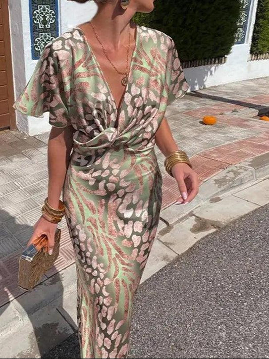 Women's Midi Dress Satin Floral V-Neck Short Sleeve Pleated