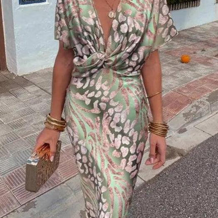 Women's Midi Dress Satin Floral V-Neck Short Sleeve Pleated