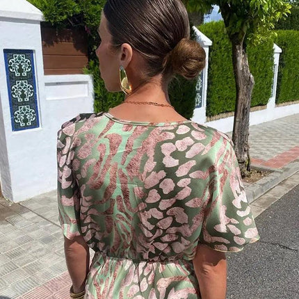 Women's Midi Dress Satin Floral V-Neck Short Sleeve Pleated