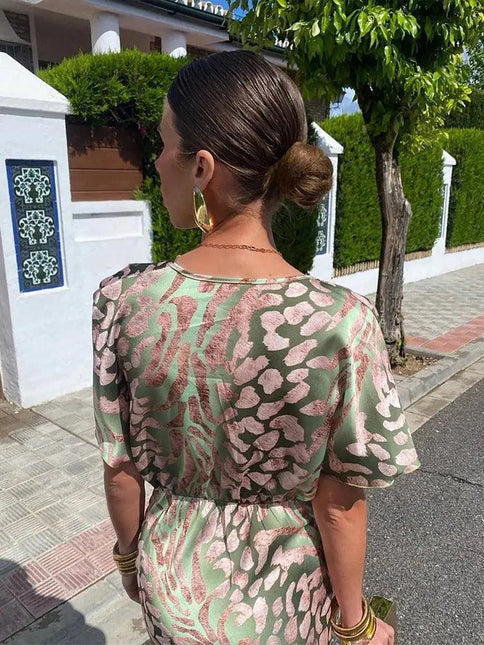 Women's Midi Dress Satin Floral V-Neck Short Sleeve Pleated