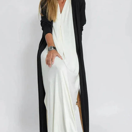Women’s Long Dress - V-Neck - Relaxed Fit - Long Sleeve - Layered Look - Elegant Style