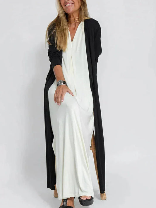 Women’s Long Dress - V-Neck - Relaxed Fit - Long Sleeve - Layered Look - Elegant Style