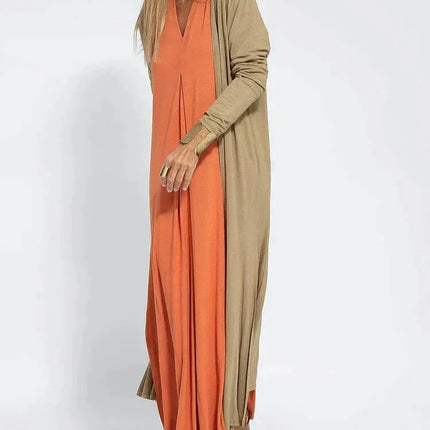 Women’s Long Dress - V-Neck - Relaxed Fit - Long Sleeve - Layered Look - Elegant Style