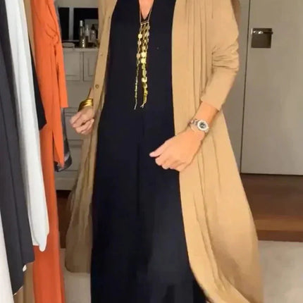 Women’s Long Dress - V-Neck - Relaxed Fit - Long Sleeve - Layered Look - Elegant Style