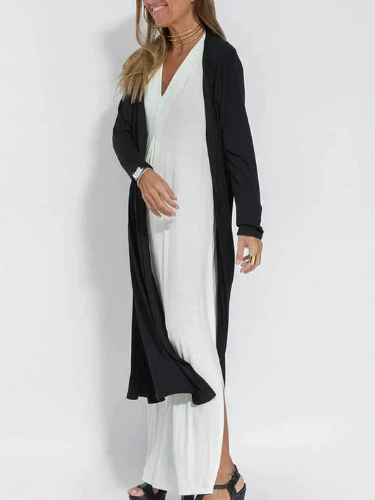 Women’s Long Dress - V-Neck - Relaxed Fit - Long Sleeve - Layered Look - Elegant Style