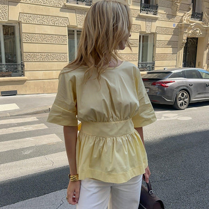 Women's Backless Blouse with Tie-Waist and V-Cut Elbow Sleeves