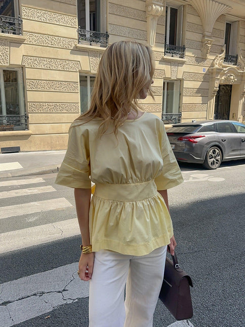 Women's Backless Blouse with Tie-Waist and V-Cut Elbow Sleeves