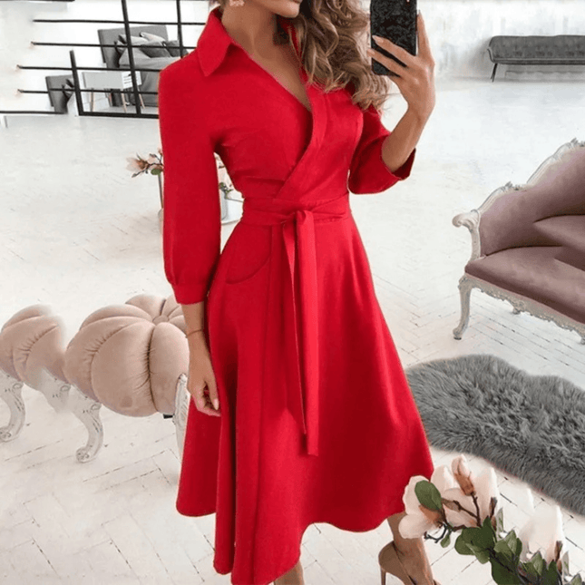 Women's Midi Dress Wrap Style with Belted Detail