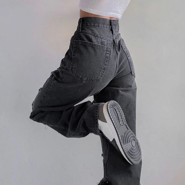 Women's Ripped Denim Jeans with Raw Hem