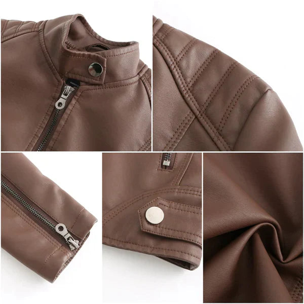Women's Leather Jacket Fitted Design Band Collar Zip Closure