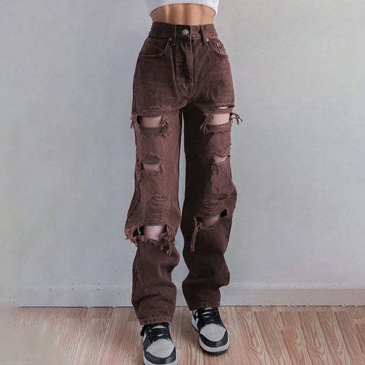 Women's Ripped Denim Jeans with Raw Hem