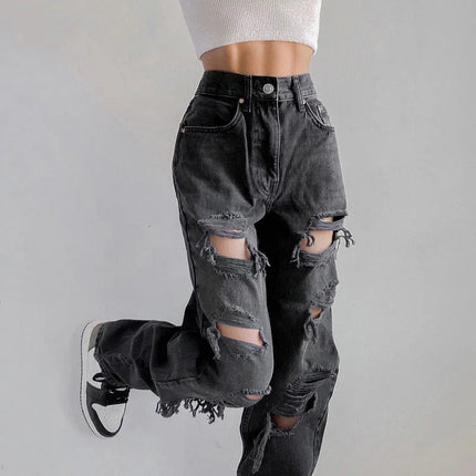 Women's Ripped Denim Jeans with Raw Hem