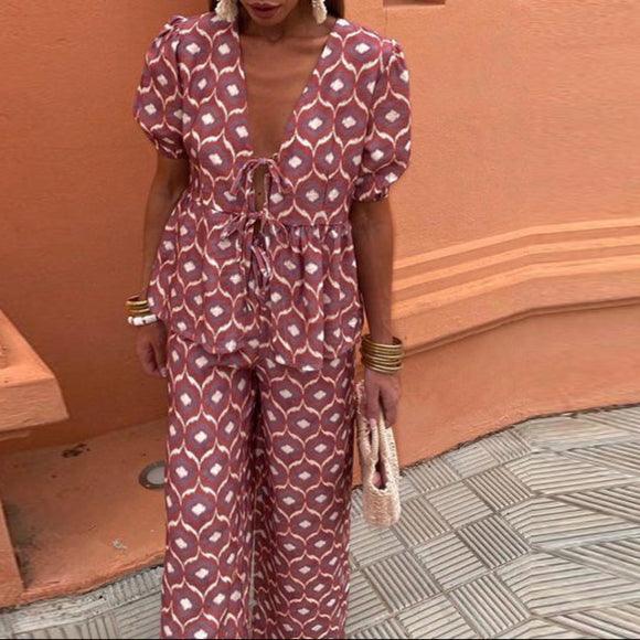 Women's Linen Two-Piece Set - Puff Sleeve Tie-Front Top & High-Waist Wide-Leg Pants