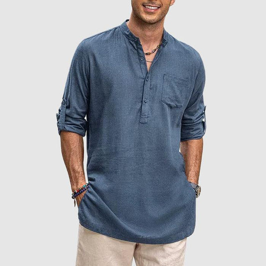 Men’s Long Sleeve Henley Shirt with Roll-Up Sleeves and Chest Pocket